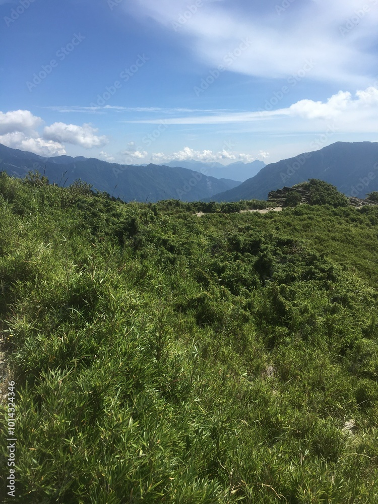 Naklejka premium Sunny and cloudy mountain scenery