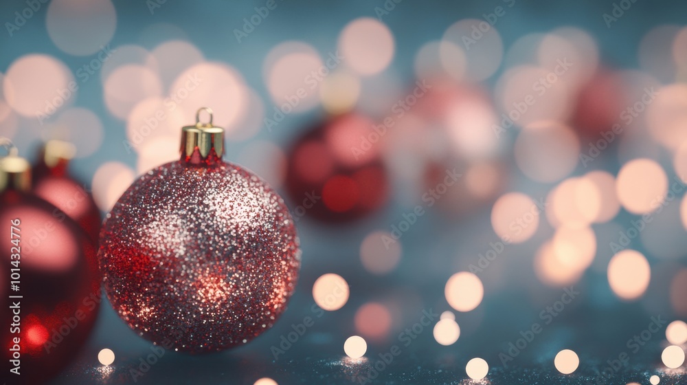 Red and gold Christmas baubles shimmer among soft, glowing festive lights, enhancing the seasonal spirit during the holiday celebration Red and gold Christmas baubles shimmer among soft, glowing festive lights, enhancing the seasonal spirit during the holiday celebration