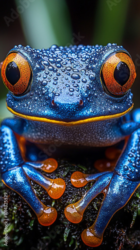 Blue toad frog with orange belly close-up on a leaf. fauna photo