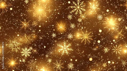 A golden background with snowflakes and stars for a festive holiday feel.