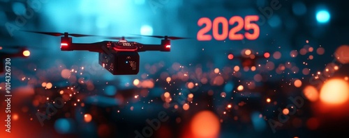 3D render of floating drones delivering gifts in a high-tech cityscape, with 