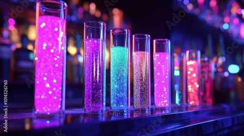 Futuristic test tube shooters with neon-colored liquids, each shot rimmed in glitter, arranged in a sleek, modern bar. Realistic, highly detailed photo