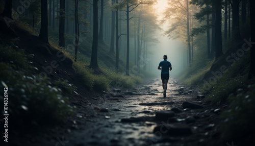 A man is running through a forest at night