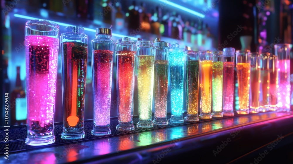 Neon test tube shots lined up in a futuristic bar, each glowing with a unique flavor and rimmed with edible glitter. Neon test tube shots lined up in a futuristic bar, each glowing with a unique flavor and rimmed with edible glitter.