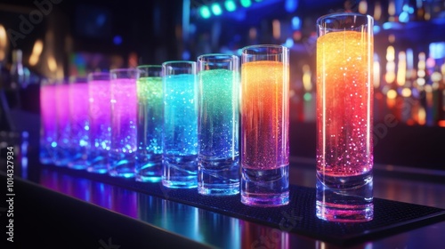 Neon test tube shots lined up in a futuristic bar, each glowing with a unique flavor and rimmed with edible glitter.