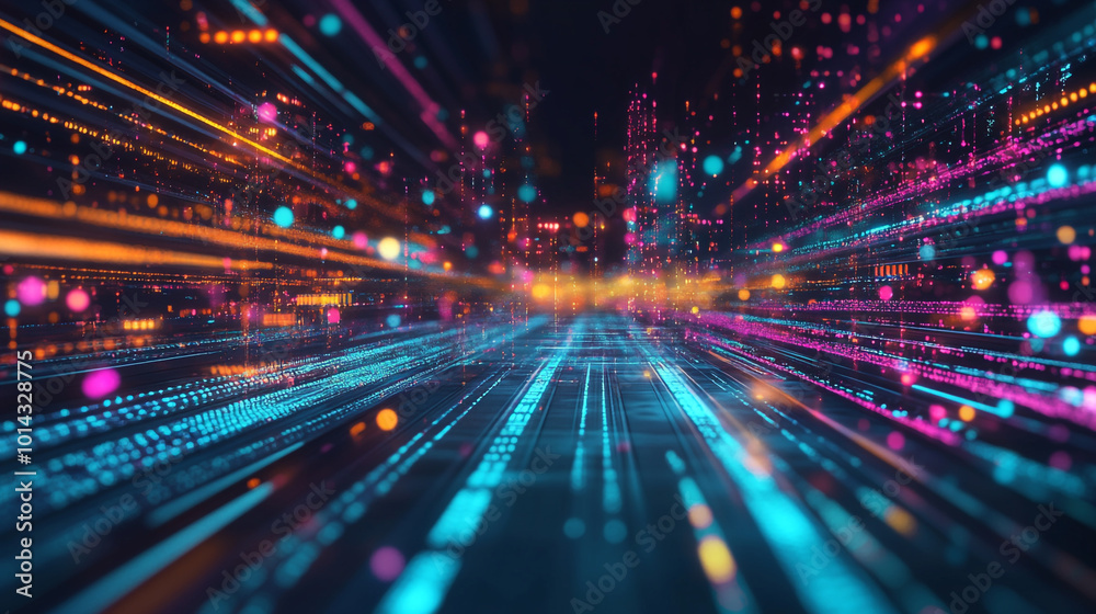 Digital art of a city skyline with holograms. A city skyline is reflected in the water Neon Cityscape. Digital art of a city skyline with holograms. A city skyline is reflected in the water Neon Cityscape.