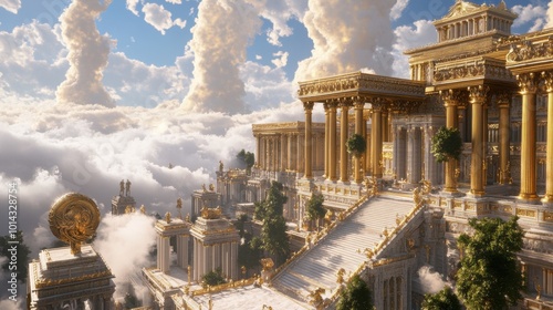 The grand palace on Mount Olympus with majestic golden columns and shimmering details, enveloped by ethereal clouds.