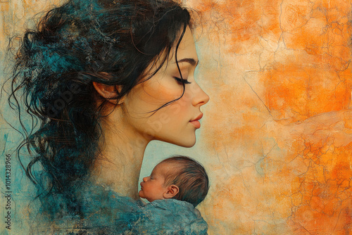 Mother and newborn child daughter son silhouette of layered textured mixed media art background.