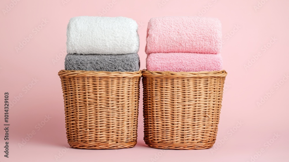 Stacked Towels in Wicker Baskets Laundry Bathroom Decor Pink Background Stacked Towels in Wicker Baskets Laundry Bathroom Decor Pink Background