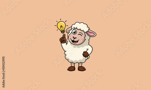Cute sheep with a light bulb idea, winking happily.