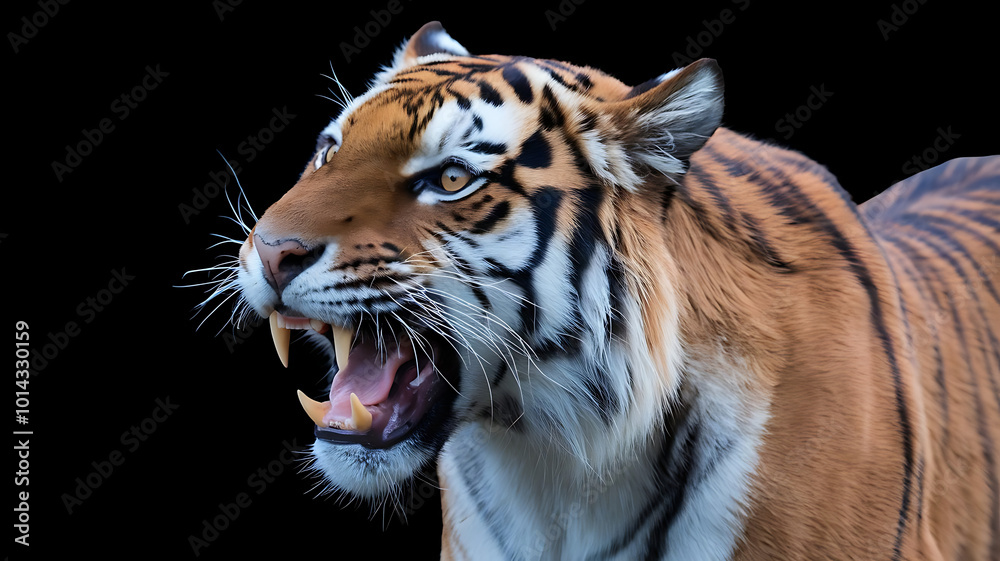 Fototapeta premium Wild view siberian tiger side portrait face black background