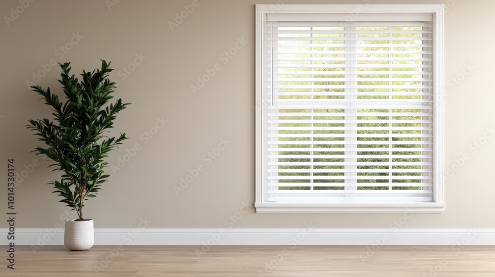 Fototapeta premium Minimalist Beige Wall with Window Blinds and Plant in Pot