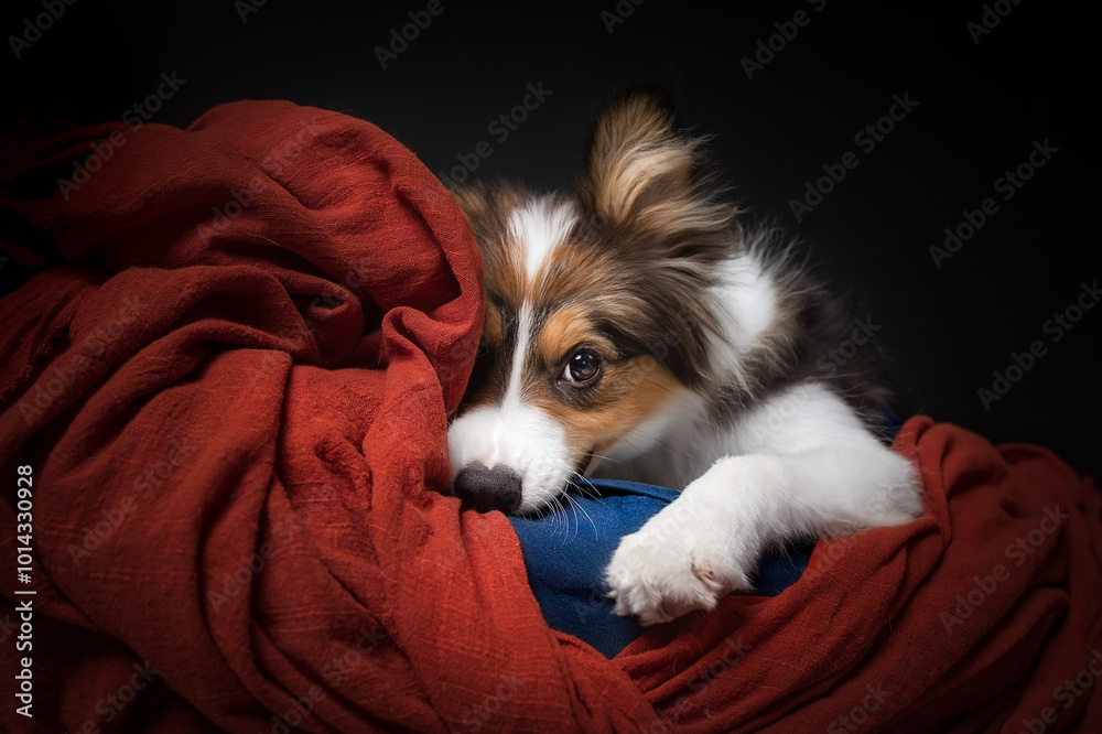 Shepherd dog wrapped in blanket in bed, photography light on black background Shepherd dog wrapped in blanket in bed, photography light on black background