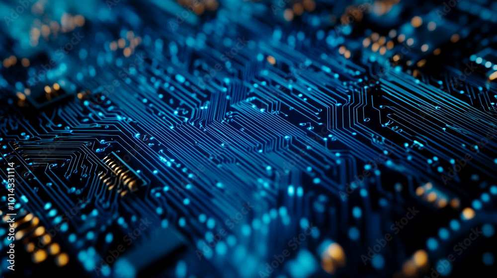 IT technology background that portrays the resilience of digital systems in the face of challenges, Electronic circuit board close-up computer chip, blue cyber circuit future. IT technology background that portrays the resilience of digital systems in the face of challenges, Electronic circuit board close-up computer chip, blue cyber circuit future.