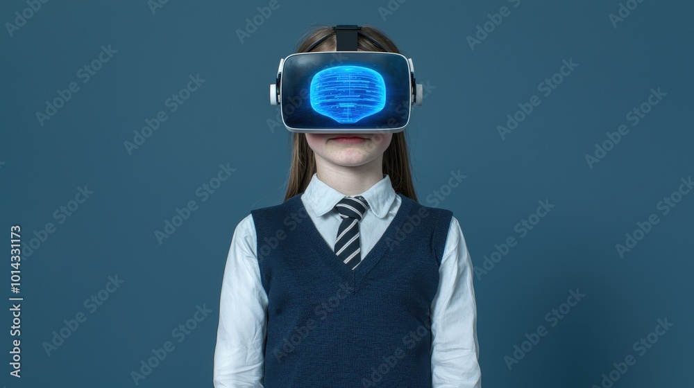 Schoolgirl Wearing VR Headset Exploring AI Technology Schoolgirl Wearing VR Headset Exploring AI Technology