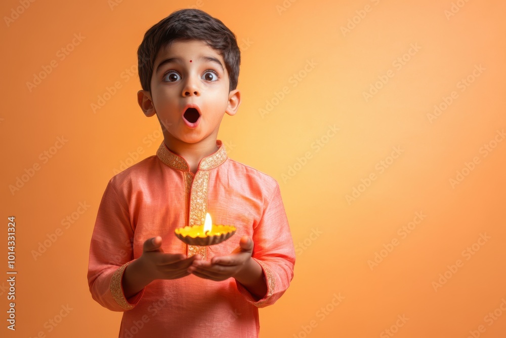 Portrait of a young Indian boy in a warm coral kurta, standing with a diya and looking amazed, with a coral to peach gradient glowing backdrop, Indian traditional Diwali festival, Diwali photoshoot Portrait of a young Indian boy in a warm coral kurta, standing with a diya and looking amazed, with a coral to peach gradient glowing backdrop, Indian traditional Diwali festival, Diwali photoshoot