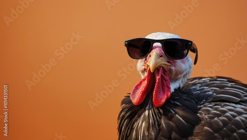 Turkey wearing sunglasses with red head and black feathers in a warm-toned setting photo