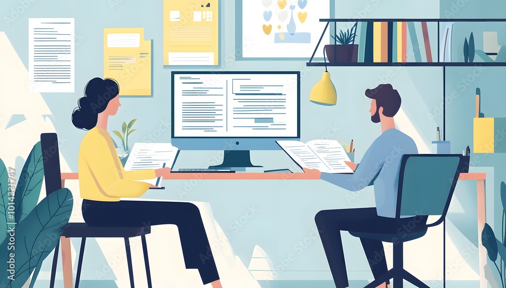 Two People Working at a Desk in an Office Two People Working at a Desk in an Office