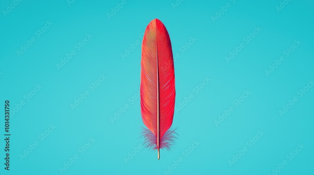 Single Red Feather Floating on Turquoise Background Minimalist Design Single Red Feather Floating on Turquoise Background Minimalist Design