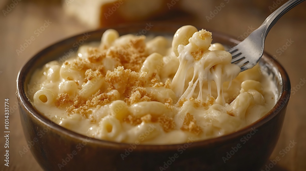 A bowl of macaroni and cheese with a fork lifting a stringy noodle. A bowl of macaroni and cheese with a fork lifting a stringy noodle.