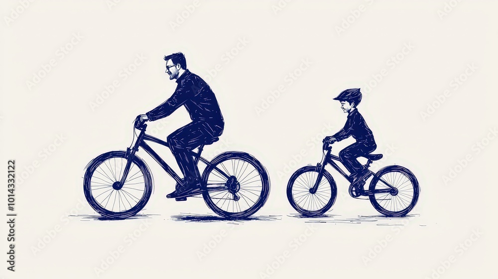 Obraz premium Hand Drawn Illustration of Father and Son Cycling Together