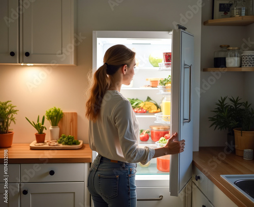 a woman stands in front of an open refrigerator with a view from the back, chooses what to eat
