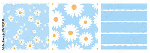 Set of daisy flower and hand drawn hearts on blue backgrounds. Blue and white stripes seamless pattern vector.