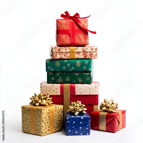 A vibrant stack of beautifully wrapped gifts in various colors and patterns. Perfect for celebrating special occasions. Ideal for festive designs and holiday themes. AI photo