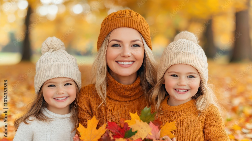 Happy Family in Autumn Park Mom and Daughters with Fall Leaves Happy Family in Autumn Park Mom and Daughters with Fall Leaves