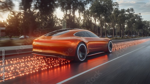 Automated driving mode on a modern car, cruising effortlessly along a scenic road