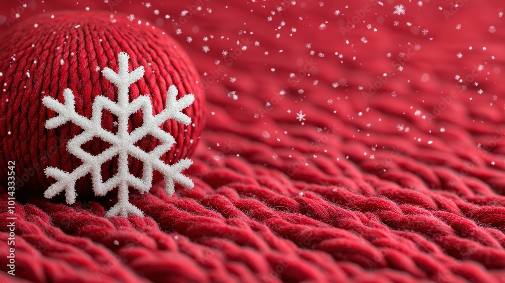 Red Knitted Fabric with Snowflake Ornament and Falling Snow Winter Christmas Background Red Knitted Fabric with Snowflake Ornament and Falling Snow Winter Christmas Background