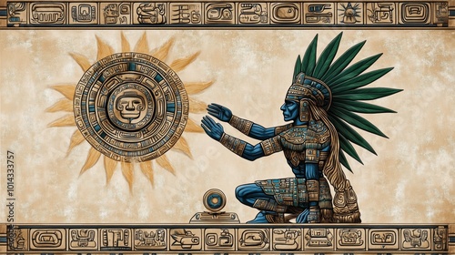 Aztec Priest Engaged in Ritual under Sun Symbol