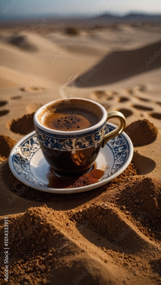 Dark-roasted cup of coffee with golden handle placed on a granular sandy surface Dark-roasted cup of coffee with golden handle placed on a granular sandy surface