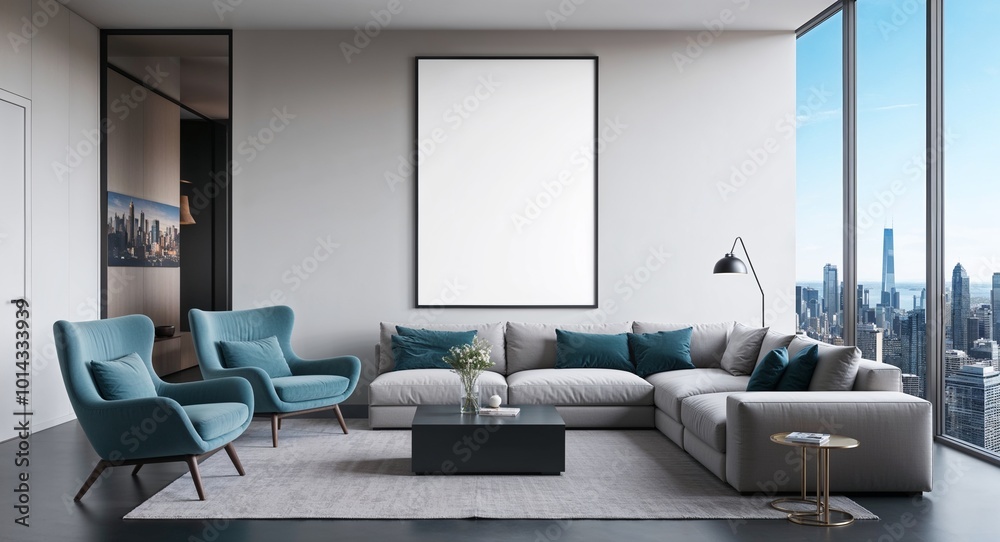 Minimalist living room with a large blank poster on the wall framed by stunning cityscape views 3D rendered Minimalist living room with a large blank poster on the wall framed by stunning cityscape views 3D rendered
