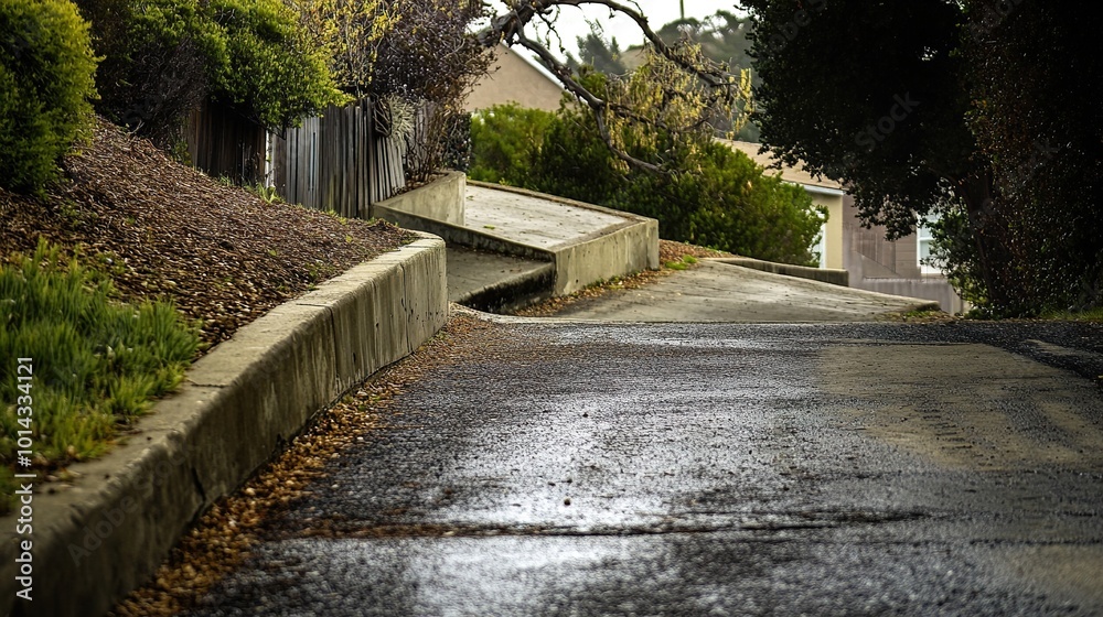Wet Road Leading Up a Hill with Lush Greenery