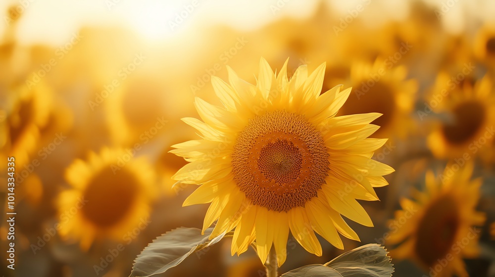 Fototapeta premium Close up of a single sunflower in a field of sunflowers with a golden sunset glow.