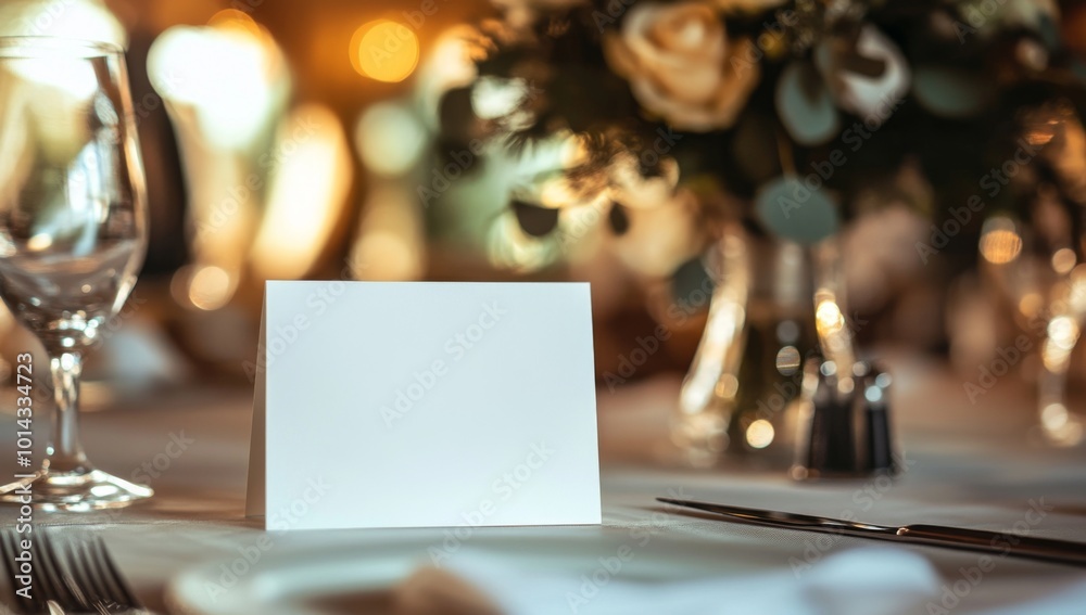 photo of blank white place card mockup on an elegant table setting for wedding guests photo of blank white place card mockup on an elegant table setting for wedding guests