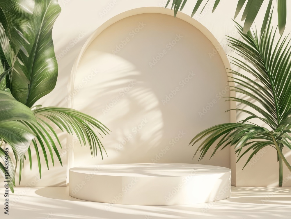 2408 92.A 3D-rendered circular podium in soft white and pale yellow tones, set against a minimalist arch-shaped backdrop. The scene is accented by large, green palm leaves that cast soft shadows, 2408 92.A 3D-rendered circular podium in soft white and pale yellow tones, set against a minimalist arch-shaped backdrop. The scene is accented by large, green palm leaves that cast soft shadows,