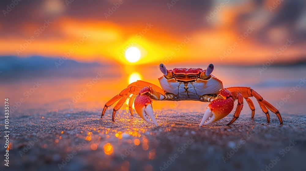 Red crab walking on the beach at sunset Red crab walking on the beach at sunset