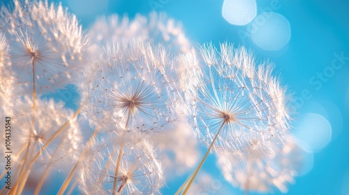 Dandelion seeds blowing in wind on blue sky background