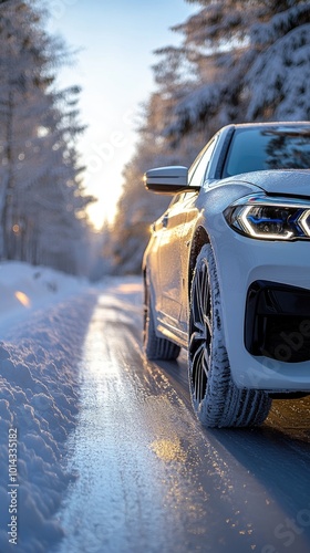 Modern car driving on a snowy road in winter forest