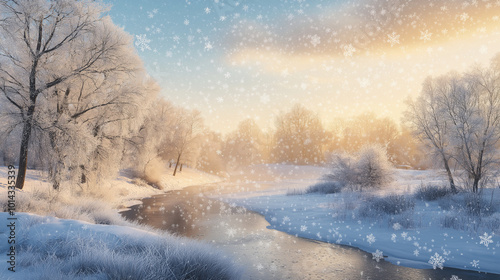 Snowfall Over a Frozen Winter Landscape at Sunset