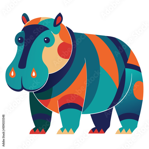 Geometric Hippo: A vibrant and playful illustration of a hippopotamus, featuring bold geometric patterns and a cheerful color palette. Perfect for adding a touch of whimsy to your designs. 