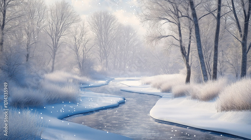 Peaceful Winter Landscape with Snow-Covered Trees and River