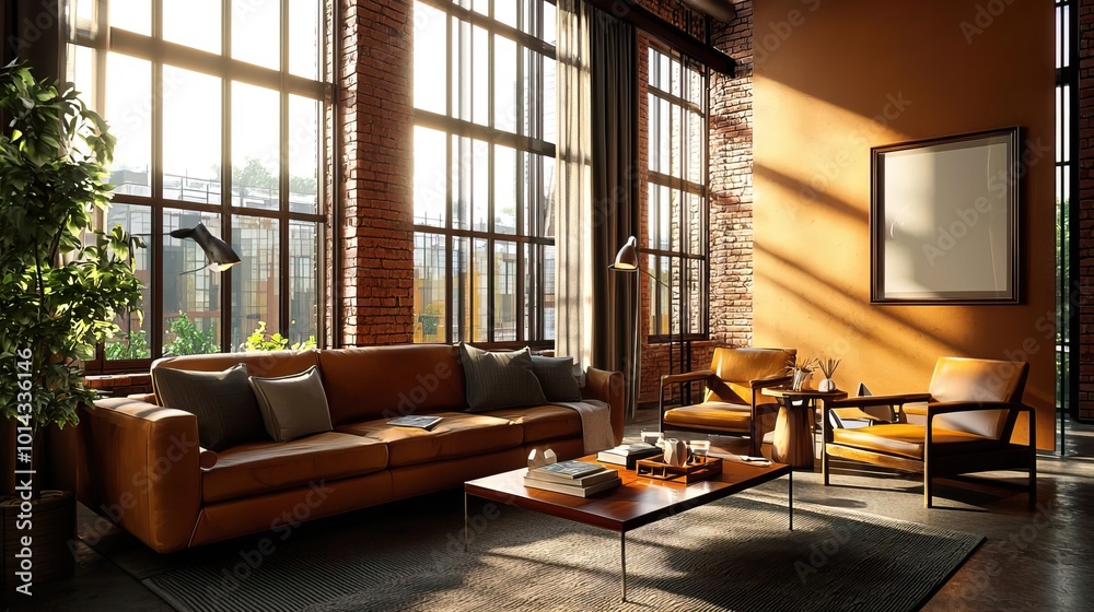 Yet another living room interior in a loft, emphasizing industrial style in a captivating 3D render. Yet another living room interior in a loft, emphasizing industrial style in a captivating 3D render.