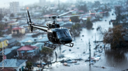 A helicopter flying over a hurricane-affected area, capturing images of the destruction below, including flooded homes and debris photo