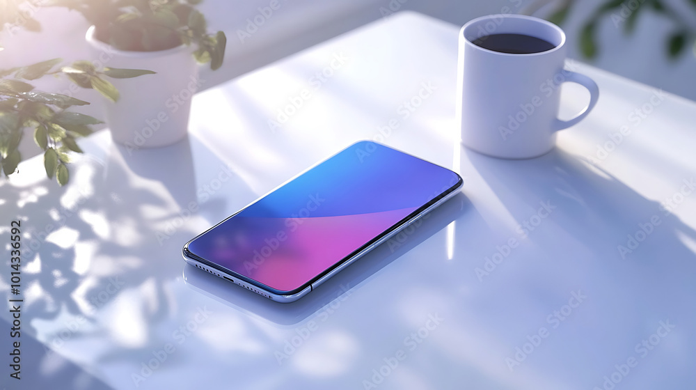 sleek modern smartphone with a vibrant display, lying on a minimalist desk next to a coffee cup, in a bright, clean setting sleek modern smartphone with a vibrant display, lying on a minimalist desk next to a coffee cup, in a bright, clean setting