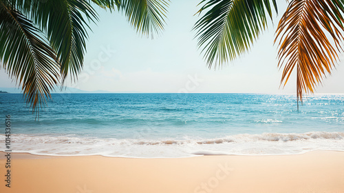 Serene beach scene with golden sand and lush palm leaves bathed in sunlight. Perfect for summer vacation themes and travel inspiration.