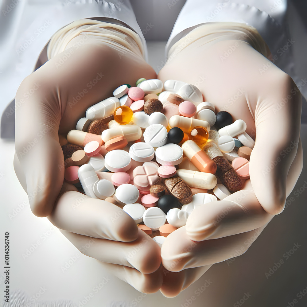 Obraz premium Close up of a doctor’s hand holding various medicine tablets