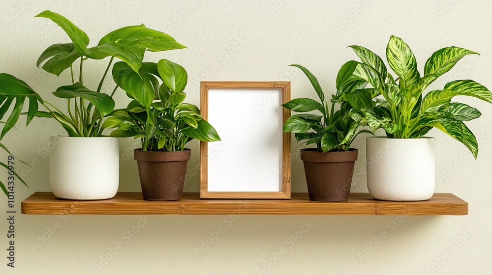 Obraz premium Scandinavian room interior with a bamboo shelf displaying a mock-up photo frame and stylish plants in pots..